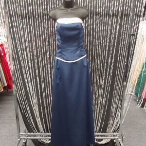 Satin Navy and White Strapless Gown
